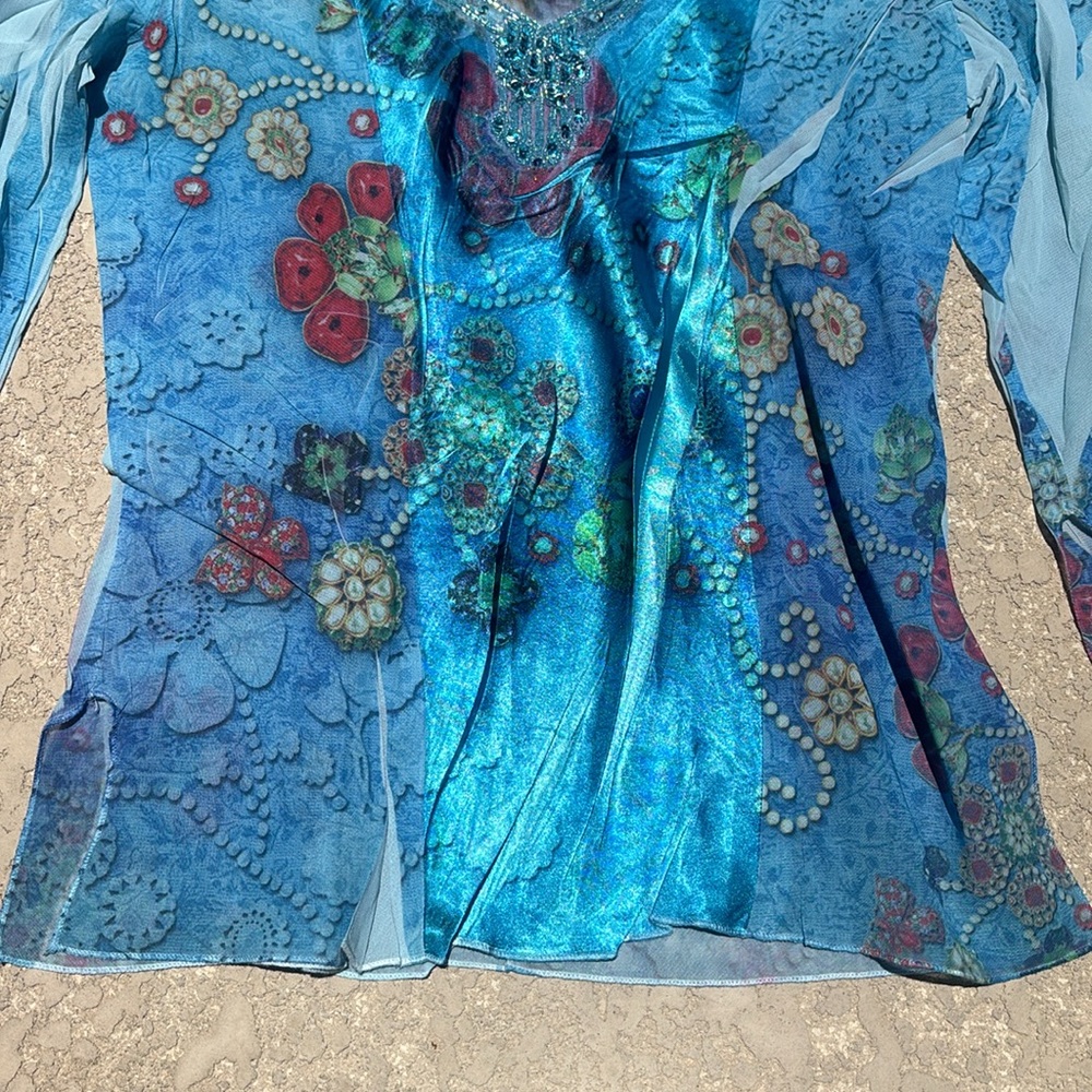 Design Works Top Beaded Sequins Fairy V-neck Blue Sheer Silky Size Medium - Picture 6 of 11